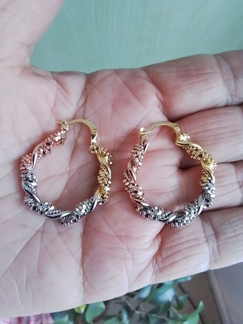 Tri-Tone Twist Hoop Earrings - Gold, Rose & White Gold Plated